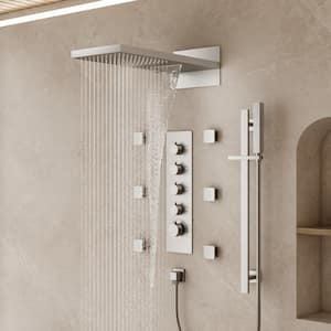 Thermostatic 15-Spray 22 in. Rectangle Wall Mount Rainfall and Waterfall Shower System with Valve in Brushed Nickel