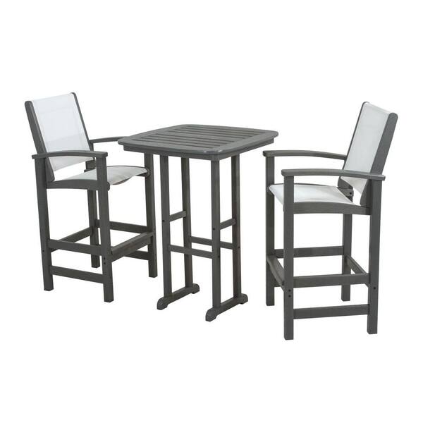 POLYWOOD Coastal Slate Grey All-Weather Plastic Outdoor Bar Set in White Slings