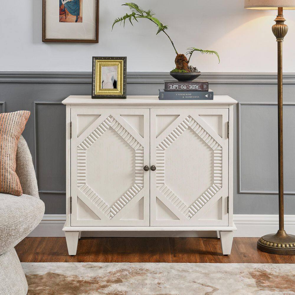 33.6 in. White MDF Sideboard Buffet Cabinet, Retro Console Table Accent Cabinet for Living Room, Kitchen, Entryway