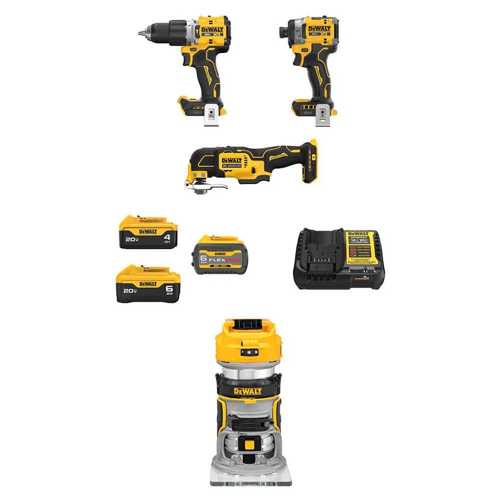 DEWALT 20V MAX Lithium-Ion Cordless Combo Kit (3-Tool) and Fixed Base Router w/ FLEXVOLT 6Ah, 20V 6Ah & 4Ah Batteries & Charger (DCK316ST2M1W00B)