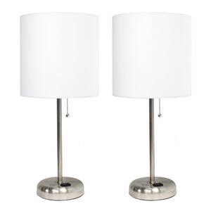 19.5 in. Brushed Steel Stick Lamp with Charging Outlet and Fabric Shade 2 Pack Set, White