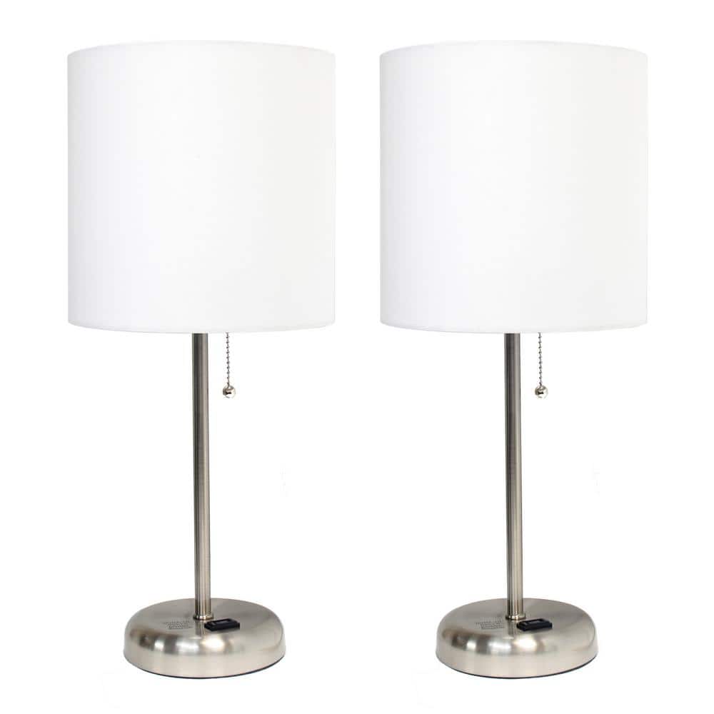 White Fabric Shade Brushed Steel Stick Table Lamp Set with Charging Outlet