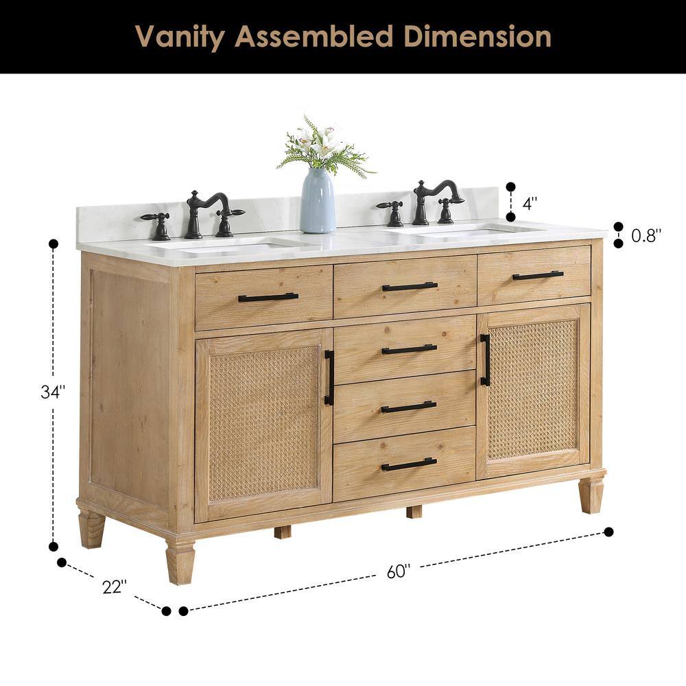 Solana 60" Weathered Fir Double Sink Vanity with White Quartz Top and Mirrors