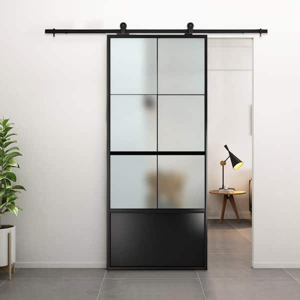 Xzkai 36 in. x 84 in. 6-Lite Frosted Glass Black Steel