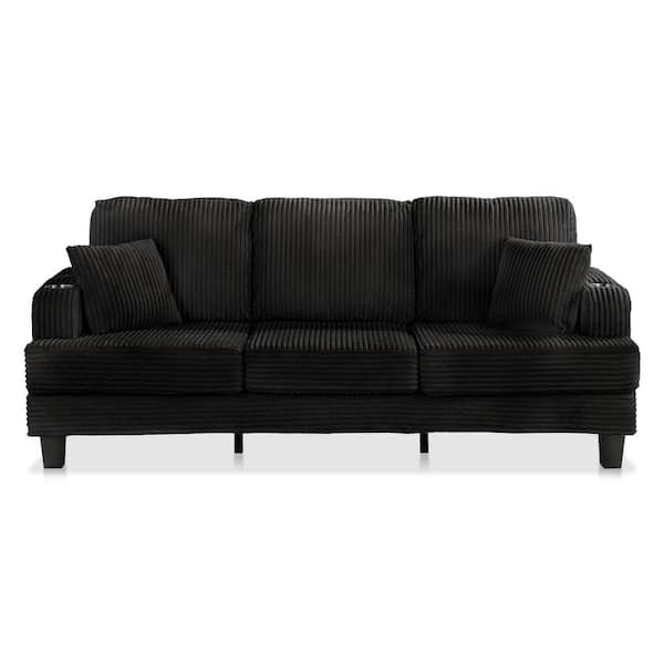Kasin 84.3 in. Track Arm Chenille Rectangle Small Space Sofa With USB Ports And Cup Holders in Black