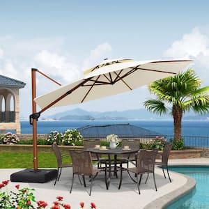 12 ft. Octagon High-Quality Wood Pattern Aluminum Cantilever Polyester Patio Umbrella with Stand, Cream