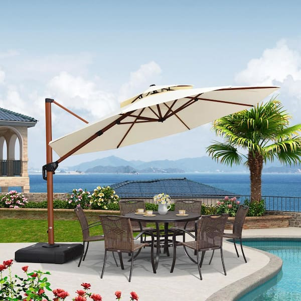 12 ft. Octagon High-Quality Wood Pattern Aluminum Cantilever Polyester Patio Umbrella with Stand, Cream