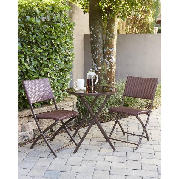 Cosco Delray Transitional 3-Piece Steel Dark Brown & Red Woven Wicker Dining Height Folding Patio Bistro Set
