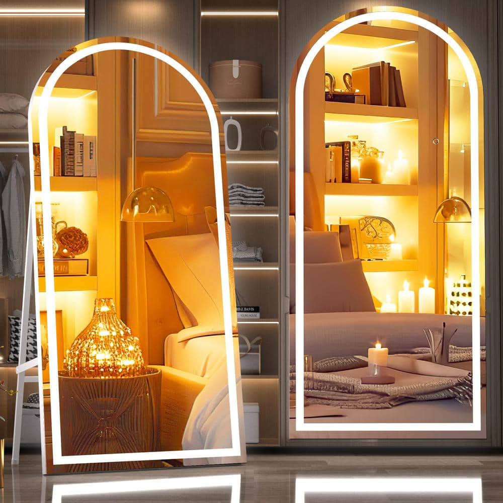 36 in. W x 83 in. H White Frame Arch LED Full-Length Mirror, Adjustable Bri