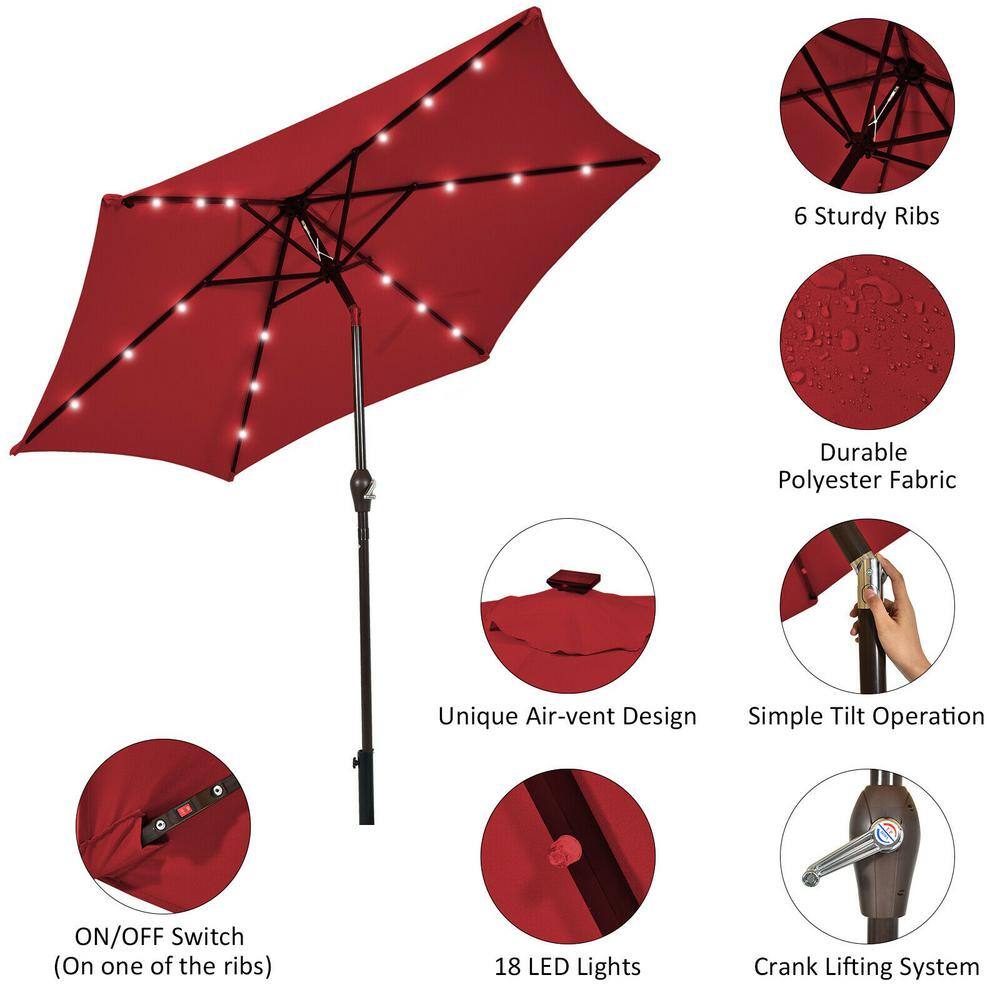 Dark Red 9 ft. Solar LED Lighted Market Patio Umbrella with Crank Lift