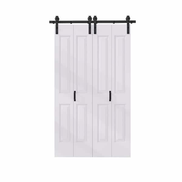 48 in. x 84 in. Assembled Bi-Fold 4 Panel White Primed DIY Available Hollow Core MDF Sliding Barn Door with Hardware Kit