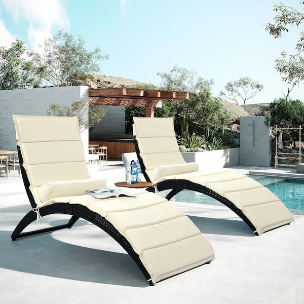 Cisvio Metal frame Outdoor PE Rattan Foldable Chaise Lounger with Removable White Cushion and Bolster Pillow (2 sets)
