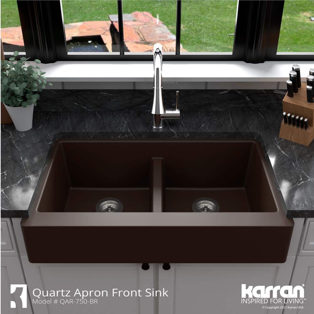 Brown Quartz Composite Farmhouse Double Bowl Kitchen Sink