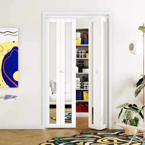 48 in x 80 in (Double 24 in. Doors) Solid Core, Mirrored Glass, White,MDF Bi-Fold Interior Door with Hardware Kits