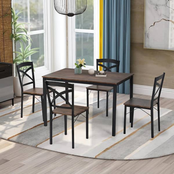 GODEER 5-Piece Square Industrial Wooden Top Light Grey Dining Table Set, 4 Chairs for Dining Room