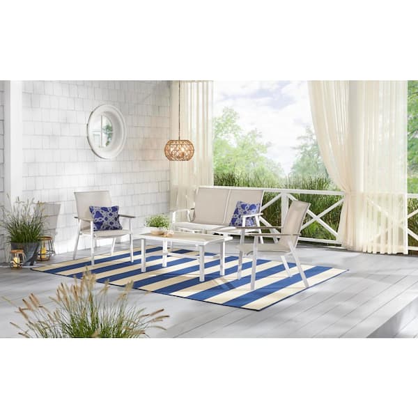 Hampton Bay Beach Haven Shell White 4-Piece Sling Outdoor Patio Conversation Seating Set