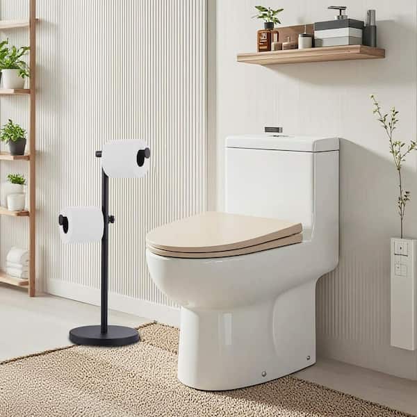 Freestanding Stainless Steel Double Post Toilet Paper Holder with Reserve for Bathroom in Matte Black