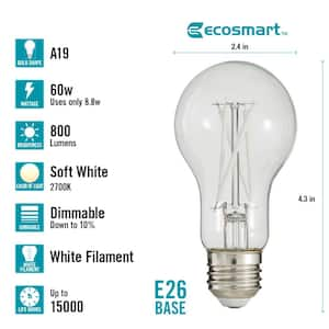 60-Watt Equivalent A19 Dimmable White Filament CEC Clear Glass E26 Medium Base LED Light Bulb, Soft White 2700K (2-Pack)