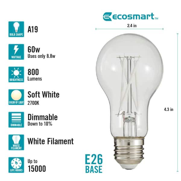 60-Watt Equivalent A19 Dimmable White Filament CEC Clear Glass E26 Medium Base LED Light Bulb, Soft White 2700K (2-Pack)