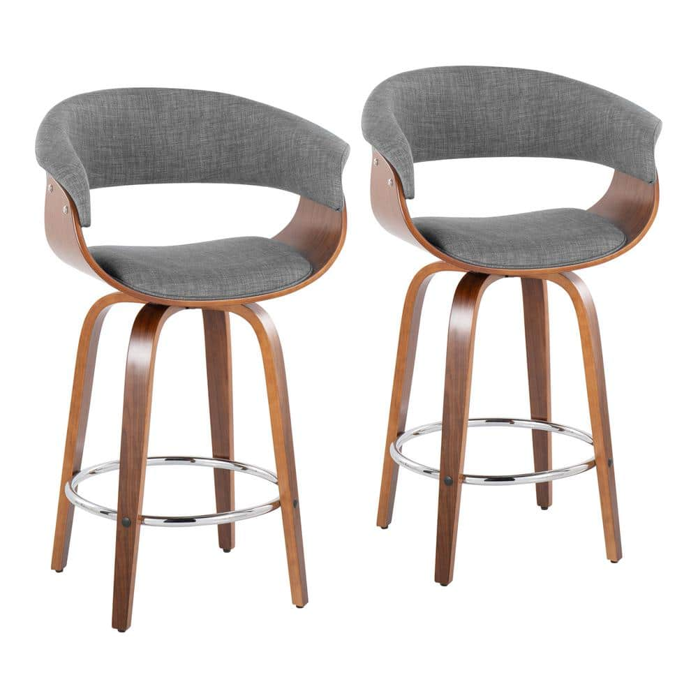 Vintage Mod 25.25 in. Light Grey Fabric, Walnut Wood & Chrome Metal Fixed-Height Counter Stool Round Footrest (Set of 2) -  Lumisource, 39174