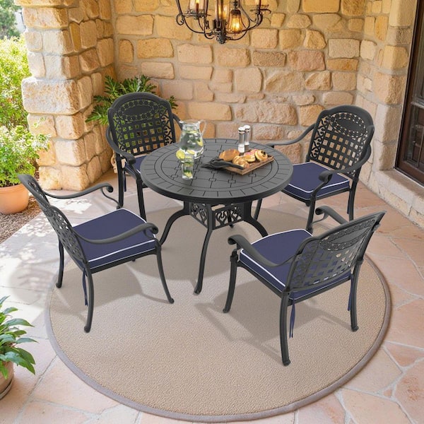 Isabella Black 5-Piece Cast Aluminum Outdoor Dining Set with Round Table and Dining Chairs and Blue Cushion