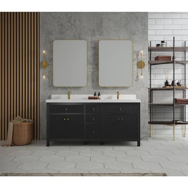 Farmhouse 72 in Double Sink Bathroom Vanity in Grey with Calacatta Gold  Quartz Countertop