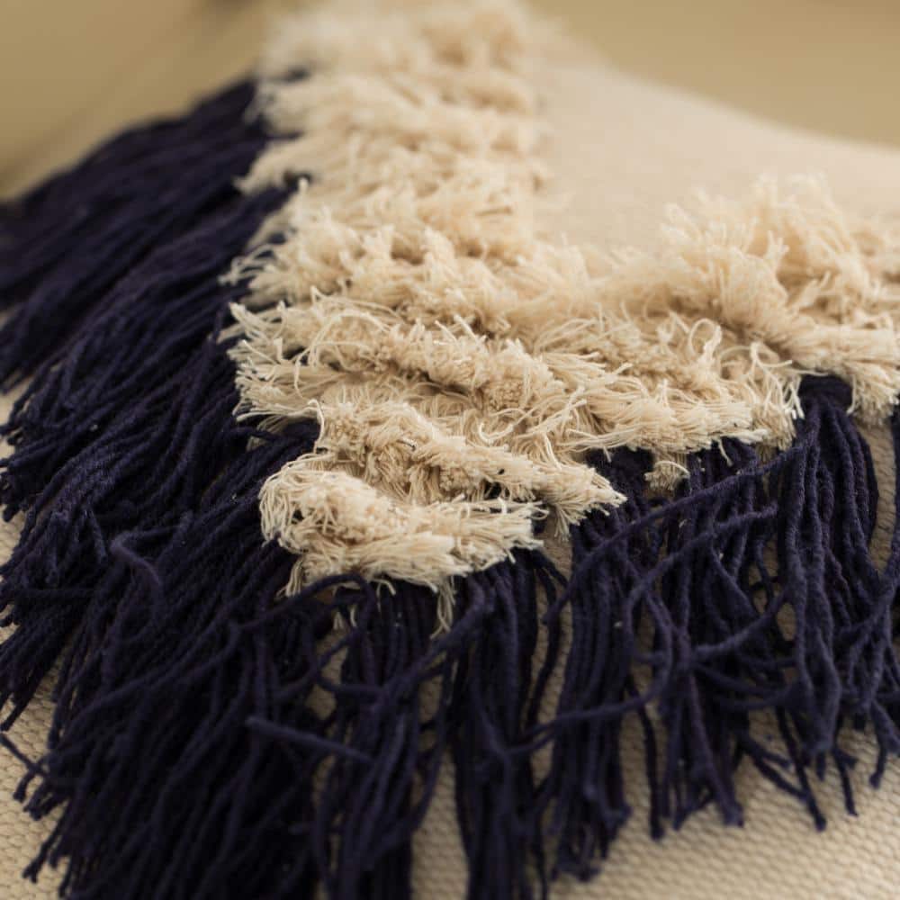 16" Navy Handwoven Cotton Euro Throw Pillow Cover with Embossed and Fringed Crossed Line