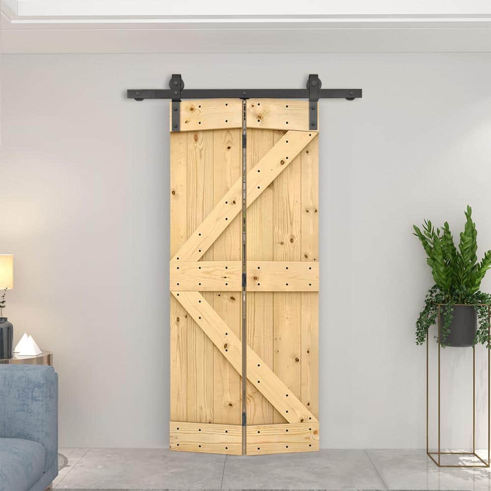 30 in. x 84 in. Unfinished Pine Solid Core Bi-Fold Barn Door with Sliding Hardware Kit
