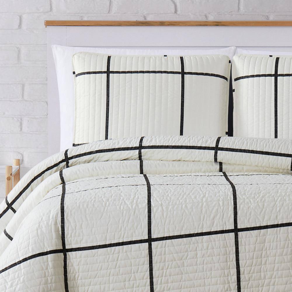 King Black and White Microfiber Windowpane Quilt Set