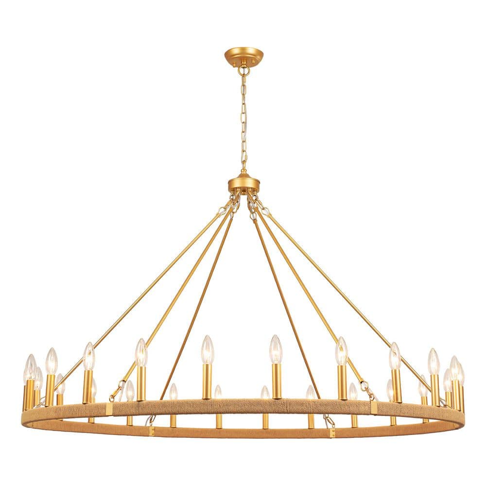 51.97 In. 24-Light Gold and Brown Wagon Wheel Chandelier Extra Large Farmhouse Cotton Rope Pendant Light for Living Room price history on PriceWatchPro