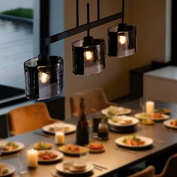 Modern Black 5-Light Linear Island Chandelier with Hammered Glass Shades for Dining Living Room, Kitchen