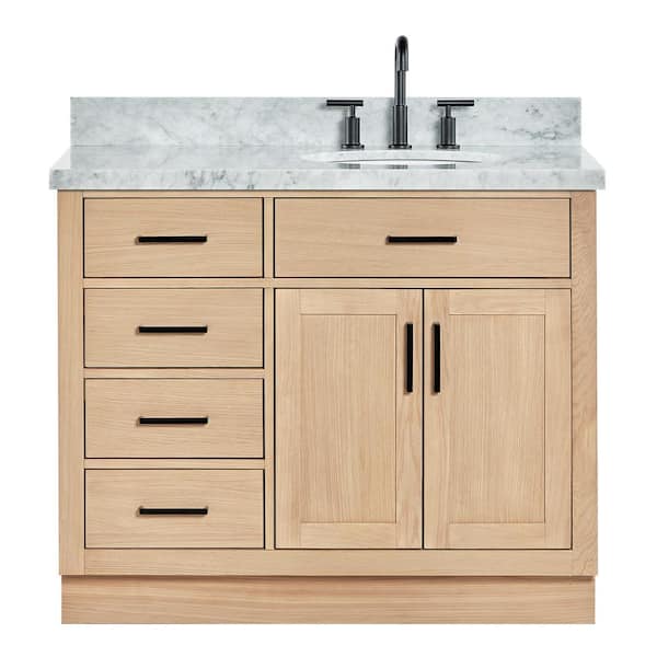 Hepburn 42 in. Single Sink Freestanding Bathroom Vanity in Oak with Carrara White Marble Top