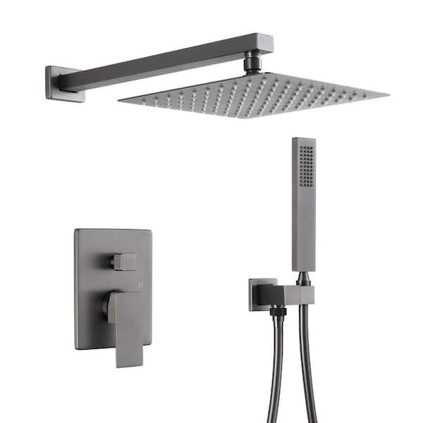Mondawe Square 1-Spray Patterns Pressure Balance Shower Faucets Set with 2.5 GPM 10 in. Wall Mount Dual Shower Heads in P-black