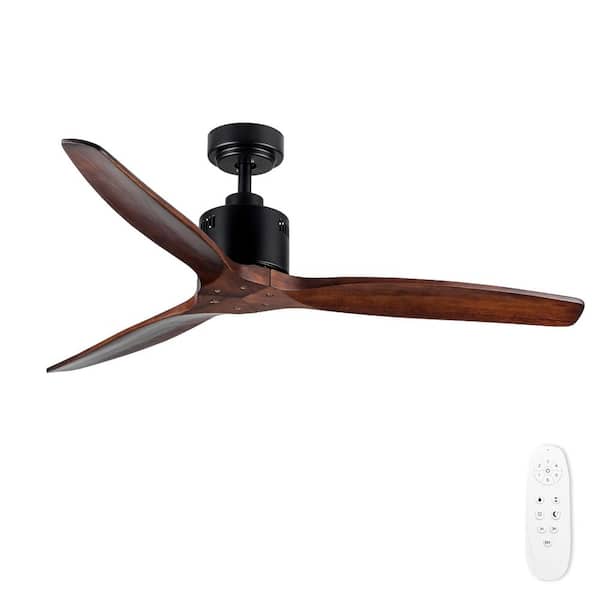 Sevenine TeakAura 52 in. Indoor Matte Black Farmhouse Ceiling Fan without Light, with Remote and Walnut Wood Blades