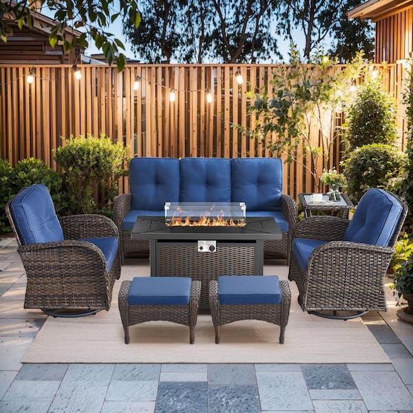 Bellefurn Rotavia Brown Wicker 7-Piece Outdoor Rectangular Fire Pit Table Patio Conversation Swivel Chair Set with Blue Cushions