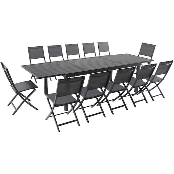 Hanover Naples 13-Piece Aluminum Outdoor Dining Set with Folding Chairs and 40 in. x 118 in. Expandable Table