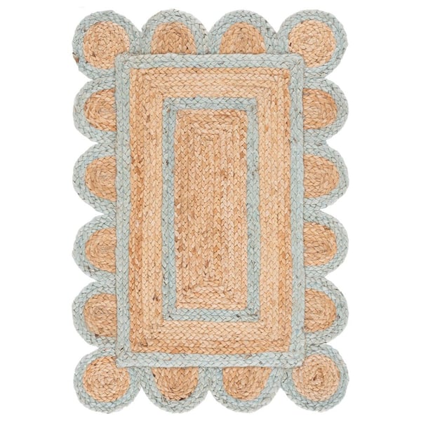 Natural Fiber 3 ft. x 5 ft. Natural/Light Blue Floral Border Woven Area Rug