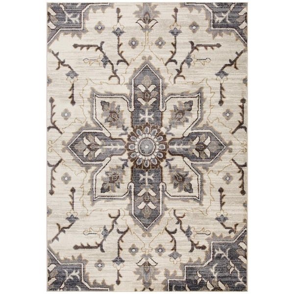 Jordan 8 x 10 Ivory/Blue Medallion Pattern Area Rug for High Traffic Living Room Dining Room Bedroom