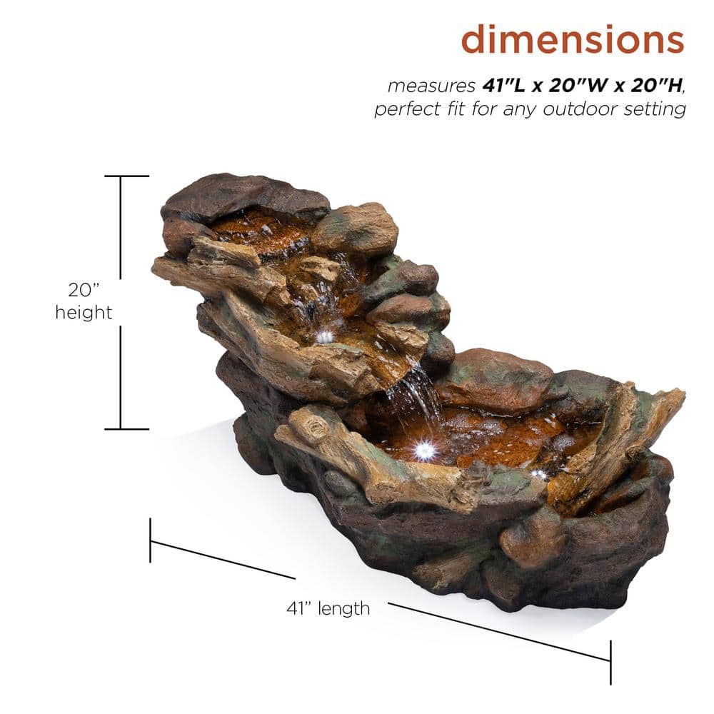 41" Brown Cascading Stone River Rock Fountain with LED Lights