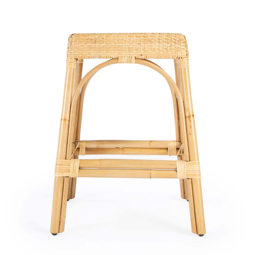 Cote d'Azur Inspired Natural Rattan and Wood Backless Counter Stool
