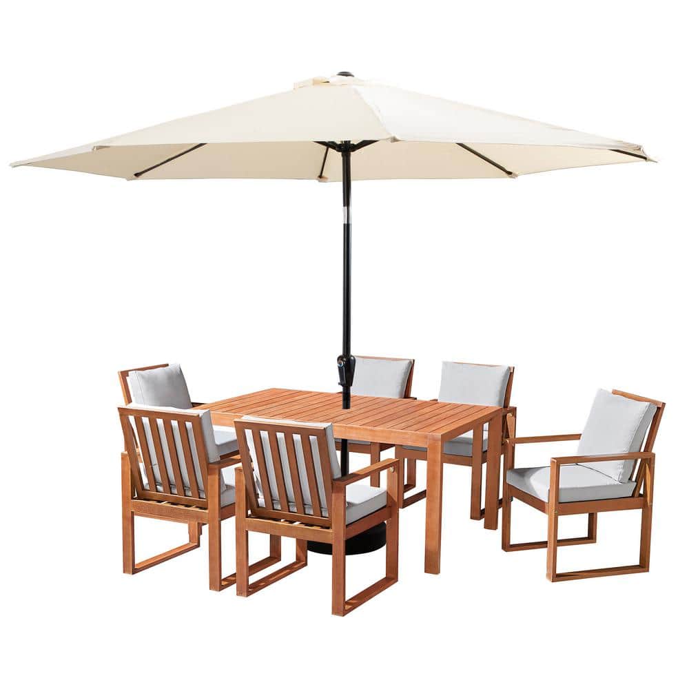 8 Piece Set, Weston Wood Outdoor Dining Table Set with 6 Cushioned Chairs, 