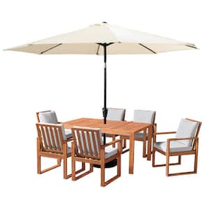 8 Piece Set, Weston Wood Outdoor Dining Table Set with 6 Cushioned Chairs, and 10-Foot Auto Tilt Umbrella Tan