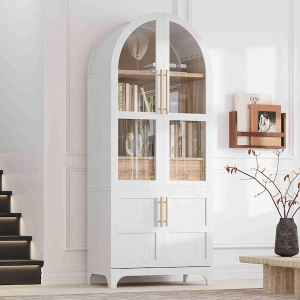 White 71 in. Accent Cabinet, Pantry Cabinet with Door Shelves, Adjustable Shelves, Hidden Drawer and Glass Door,Cupboard