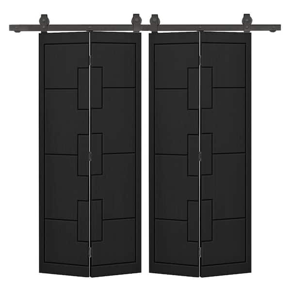 52 in. x 84 in. Black Painted MDF Composite Modern Bi-Fold Hollow Core Double Barn Door with Sliding Hardware Kit