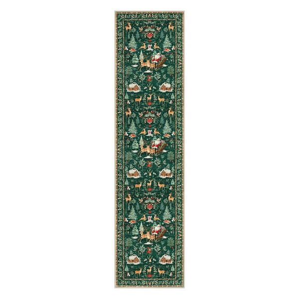 2 ft. x 8 ft. Green Holiday Woodland Washable Runner Rug
