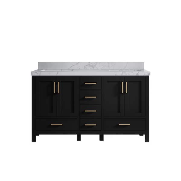 Willow Collections Malibu 60 in. W x 22 in. D x 36 in. H Double Sink Bath Vanity in Black with 2 in. Venatino Quartz Top