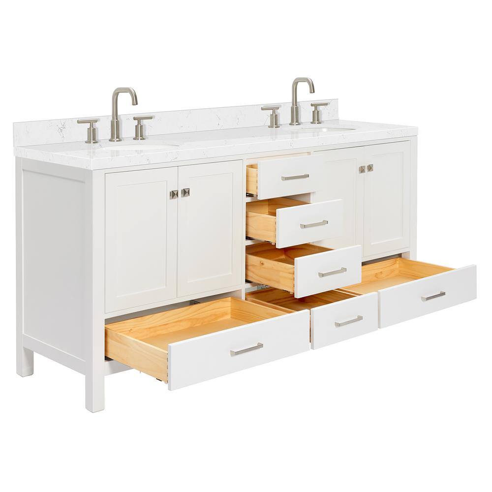 Cambridge 72" White Wood Double Sink Vanity with Quartz Top
