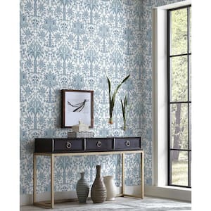 60.75 sq ft Blue Palmetto Palm Damask Non-pasted Wallpaper