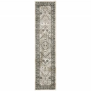 Ivory Grey Black and Ivory 2 ft. x 8 ft. Oriental Power Loom Stain Resistant Runner Rug