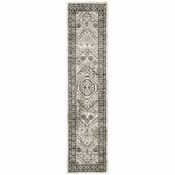 HomeRoots Ivory Grey Black and Ivory 2 ft. x 8 ft. Oriental Power Loom Stain Resistant Runner Rug